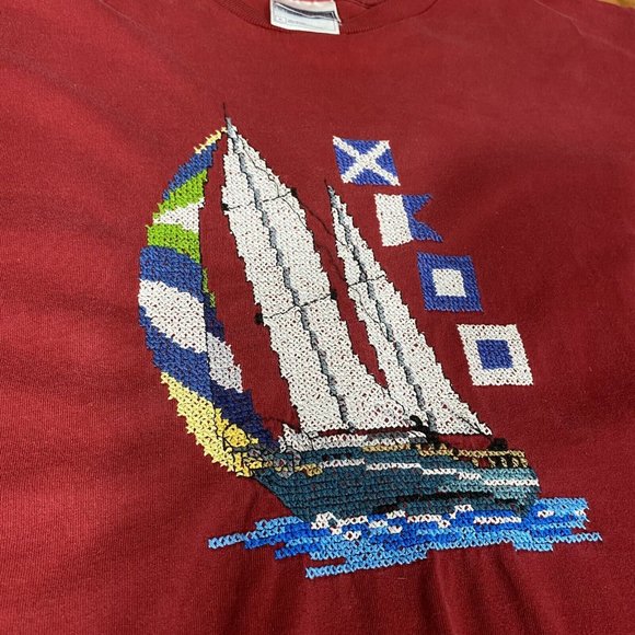 Vintage T-Shirt Sailboat Fruit Of The‎ Looms Sewn Embroidered Red Mens Size XL - Picture 2 of 10